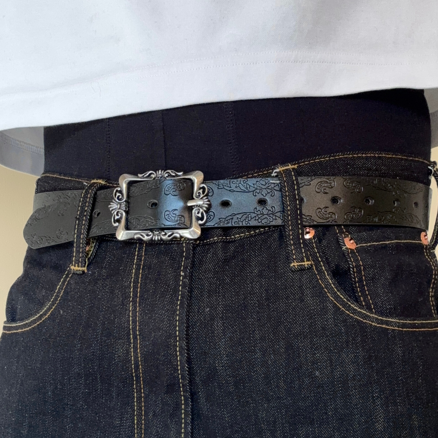 Black Floral Western Belt