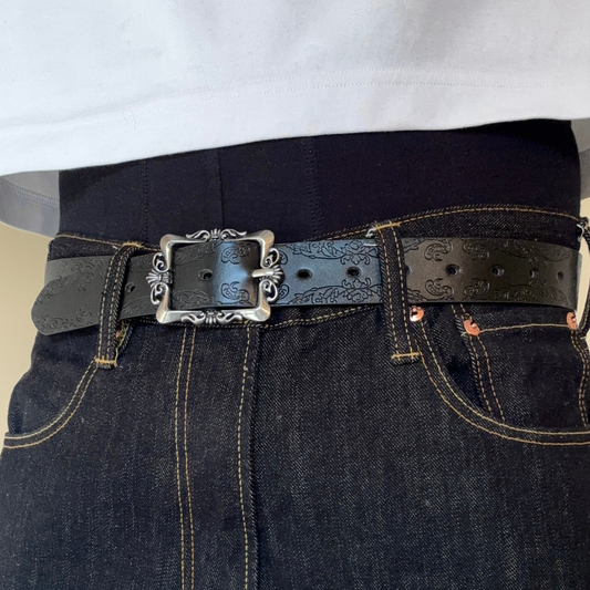 Black Floral Western Belt